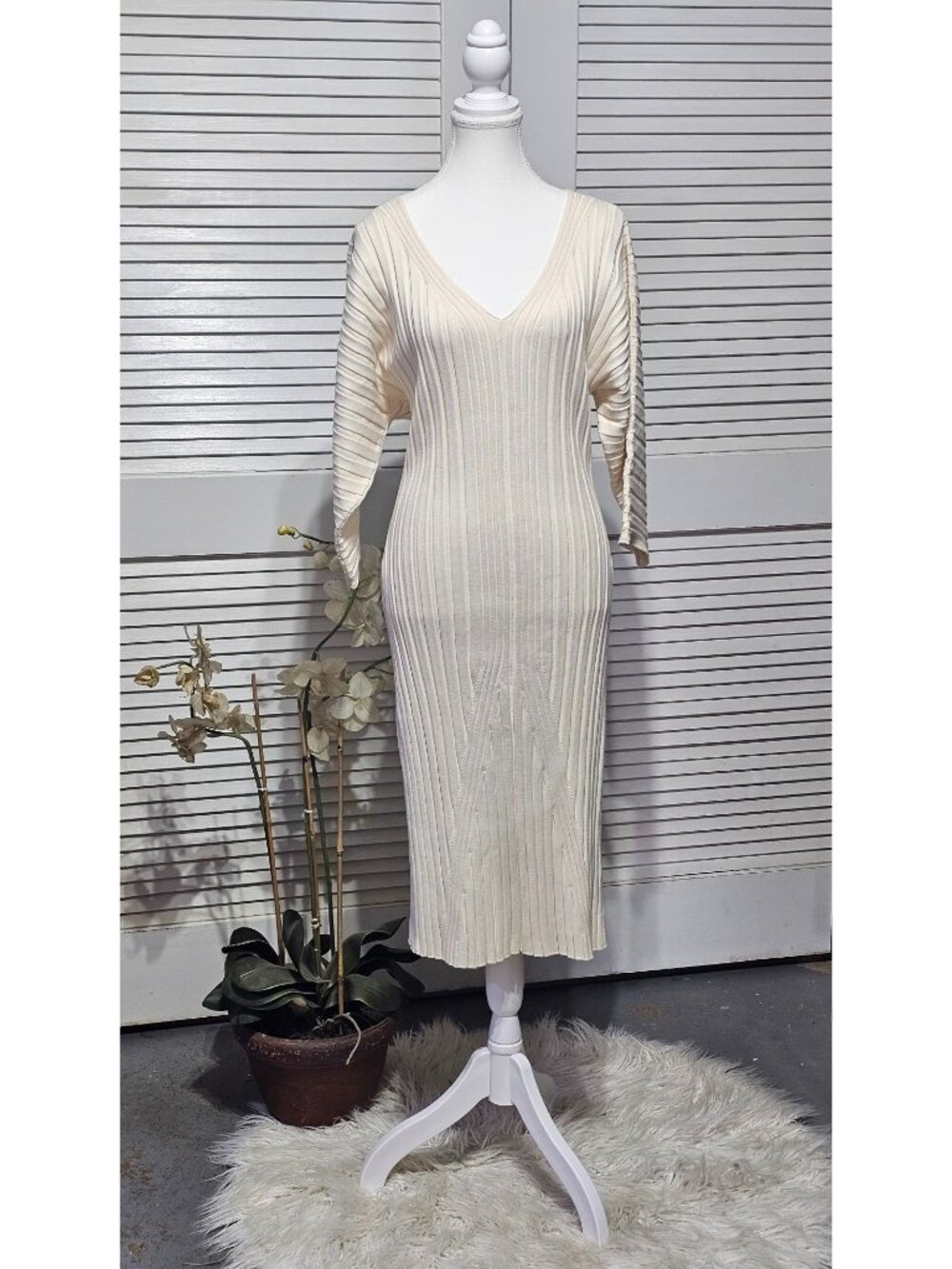 Maeve Anthropologie Women's Ecru Maris Ribbed Knit Midi Sweater Dress Sz MP 3640